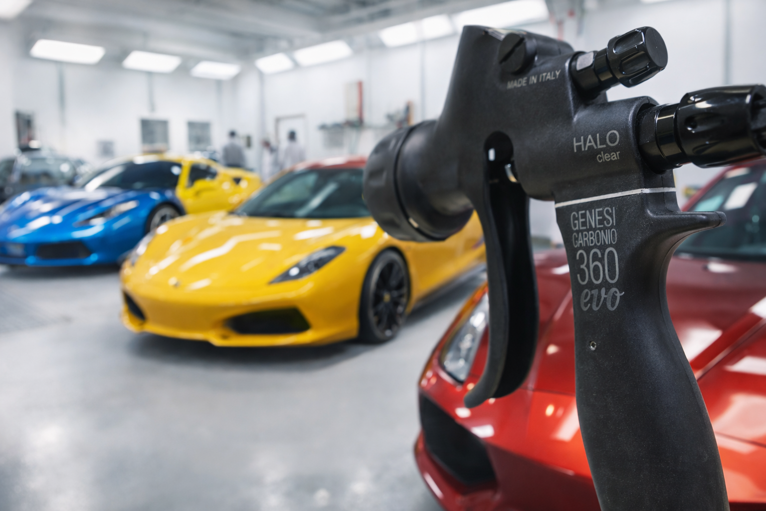 Pistola profesional GENESI Carbonio 360 EVO HALO para aplicación de clear coat en repintado automotriz